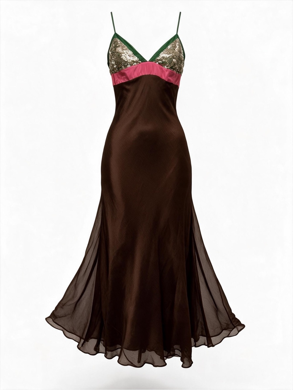 BCBGMAXAZRIA Silk Sequins Maxi Dress Crepe Spaghetti Straps Brown Pink Size 2